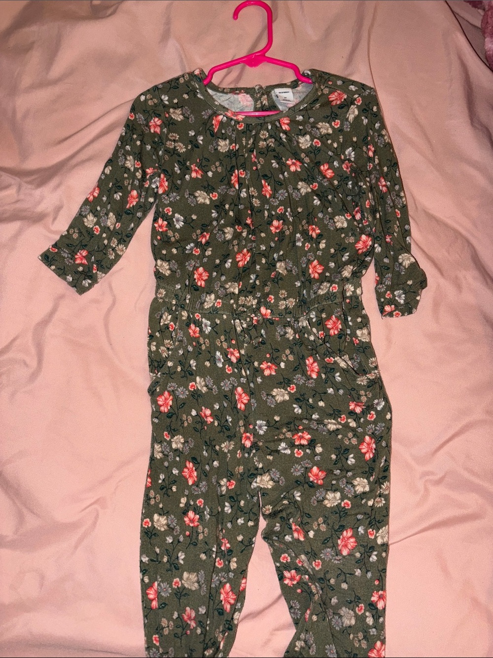 Old Navy Olive Floral Jumpsuit with Pink and Cream Flowers